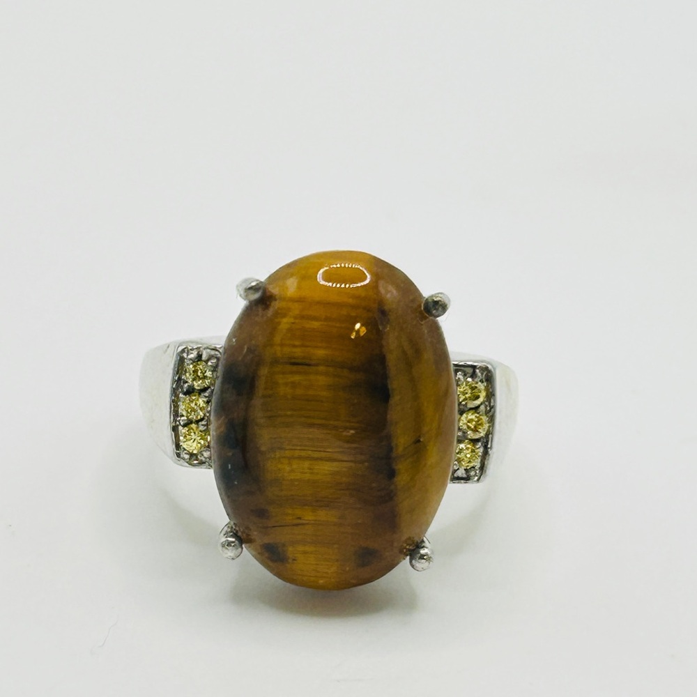 Tiger Eye and Austrian Crystal Ring; Size 6.75; Stainless Steel